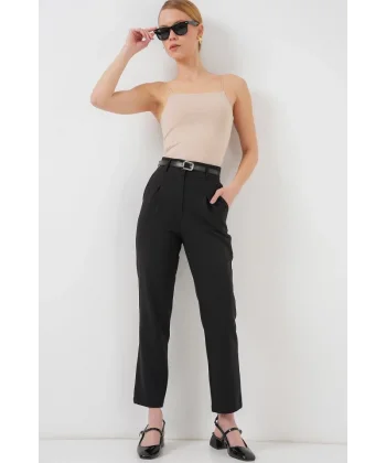 Pileli Kemerli Kumaş Pantolon 6725 - Siyah