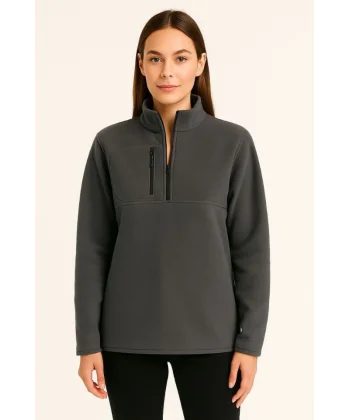 Polar Kazak – Dik Yaka, Yarım Fermuarlı, Fermuarlı Göğüs Cepli, Siyah Biyeli, Kışlık Rahat Regular Fit Günlük Model - Füme