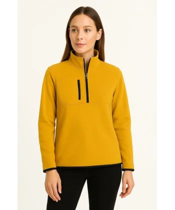 Polar Kazak – Dik Yaka, Yarım Fermuarlı, Fermuarlı Göğüs Cepli, Siyah Biyeli, Kışlık Rahat Regular Fit Günlük Model - Sarı