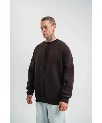 POLIZEI Premium Kalite Bisiklet Yaka Yıkamalı SweatShirt - Kahverengi