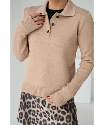 Polo Yaka 3 Düğmeli Kazak  Camel