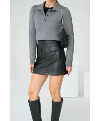 Polo Yaka 3 Düğmeli Kazak  Gri