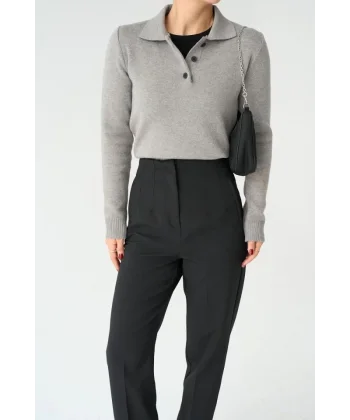 Polo Yaka 3 Düğmeli Kazak  Orta Gri