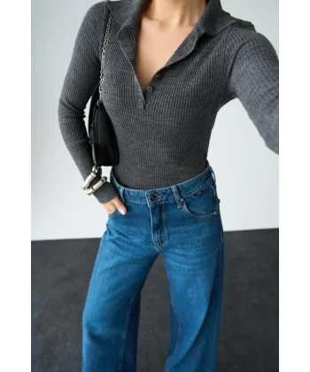 Polo Yaka 6 Düğmeli Kazak  Antrasit