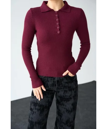 Polo Yaka 6 Düğmeli Kazak  Bordo