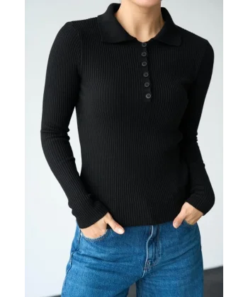 Polo Yaka 6 Düğmeli Kazak  Siyah