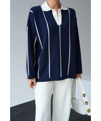 Polo Yaka Dik Çizgili Kazak  LacivertKemik