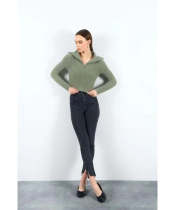 Polo Yaka Fermuarlı Crop Kazak  Haki