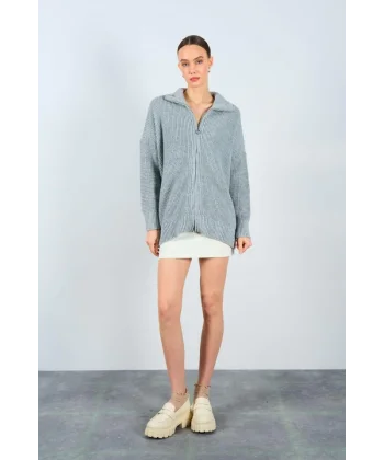 Polo Yaka Fermuarlı Hırka  GriKrem