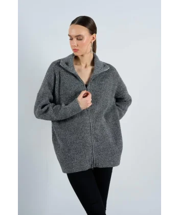 Polo Yaka Fermuarlı Hırka  SiyahKrem