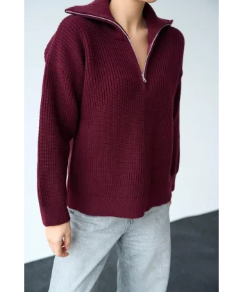 Polo Yaka Fermuarlı Kazak  Bordo