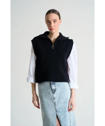 Polo Yaka Fermuarlı Süveter - Siyah