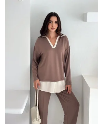 Polo Yaka Gömlekli Salaş Balon Pantolunlu ıkılı Takım