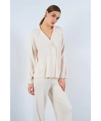 Polo Yakası Katlamalı Takım  Krem
