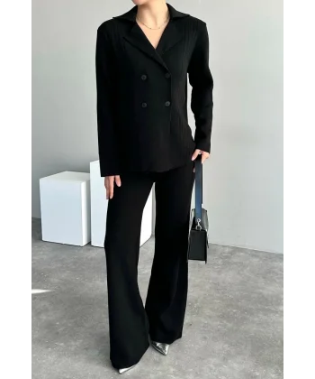 Polo Yakası Katlamalı Takım  Siyah