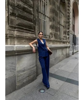 Poly Viscose Arkasi Düğme Ve Kemer Detayli Yelek Pantolon Takim