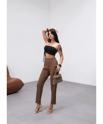 Poly Viscose Dekorati̇f Düğmeli̇ Arka Bel Lasti̇kli̇ Pantolon