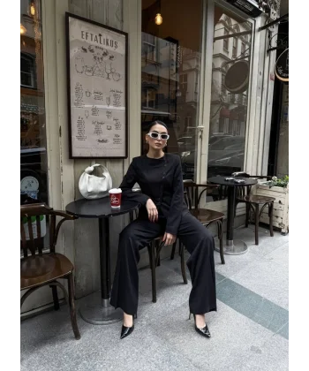 Poly Viscose Full Lycra Asi̇metri̇k Düğmeli̇ Vatkali Ceket Pantolon Takim