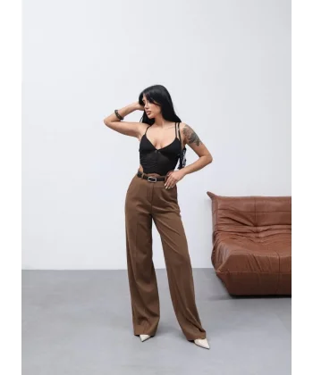 Poly Viscose Yüksek Bel Kemerli̇ Ve Dökümlü Palazzo Pantolon (Kemer Dahi̇l)