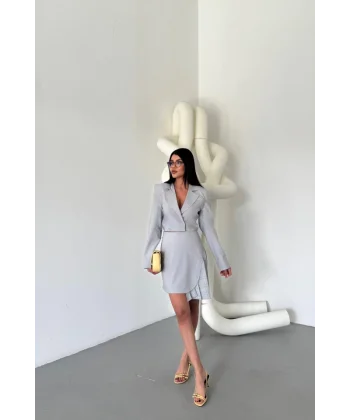 POLYVİSKON CROP CEKET - EKOSE PİLE DETAYLI ETEK TAKIM - Gri