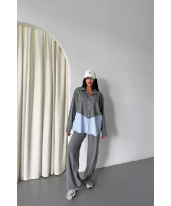 POLYVİSKON - POPLİN PARÇALI GÖMLEK PANTOLON TAKIM - Gri