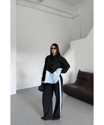 POLYVİSKON - POPLİN PARÇALI GÖMLEK PANTOLON TAKIM - Siyah