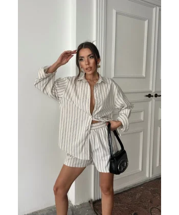 POPLİN ÇİZGİLİ GÖMLEK - ŞORT TAKIM - Bej