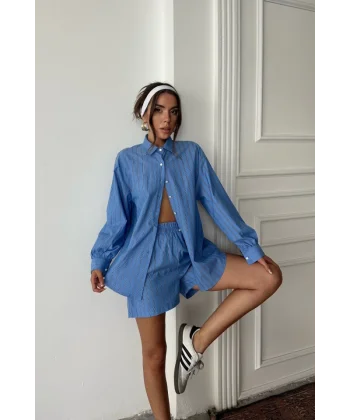 POPLİN ÇİZGİLİ GÖMLEK - ŞORT TAKIM - Mavi