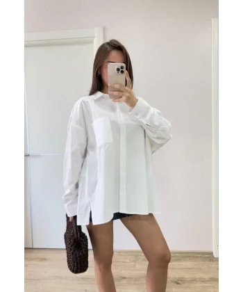 Poplin Kadın Yakalı Yandan Yırtmaçlı Arka Pens Detaylı Gömlek - Beyaz