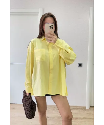 Poplin Kadın Yakalı Yandan Yırtmaçlı Arka Pens Detaylı Gömlek - Sarı