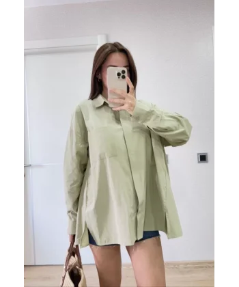 Poplin Kadın Yakalı Yandan Yırtmaçlı Arka Pens Detaylı Gömlek - Yeşil