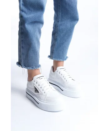 PRAG Bağcıklı Ortopedik Taban Desenli Kadın Sneaker Spor Ayakkabı  CBT - Beyaz