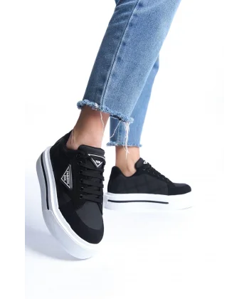 PRAG Bağcıklı Ortopedik Taban Desenli Kadın Sneaker Spor Ayakkabı  CBT - Siyah