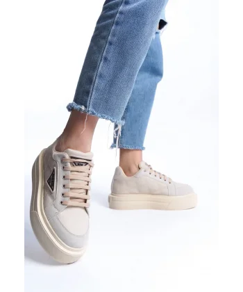 PRAG Bağcıklı Ortopedik Taban Desenli Kadın Sneaker Spor Ayakkabı  CKT - Krem