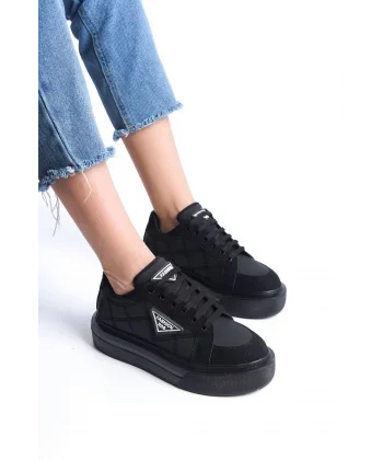 PRAG Bağcıklı Ortopedik Taban Desenli Kadın Sneaker Spor Ayakkabı  CST - Siyah