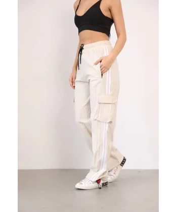 Praşut Kumaş Kargo Çeplı Baggy Esofman  Bej