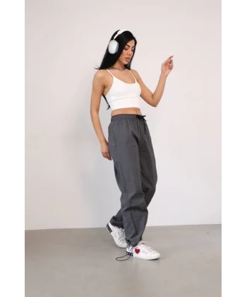 Praşut Kumaş Paça Cepli Baggy Eşofman  Antrasit