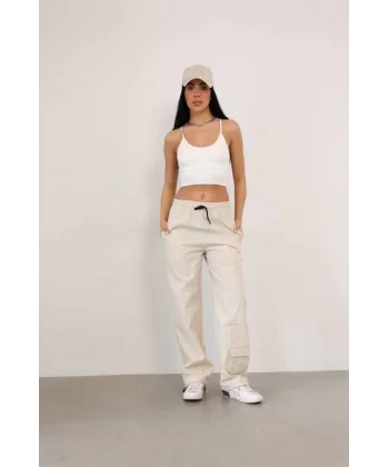 Praşut Kumaş Paça Cepli Baggy Eşofman  Bej