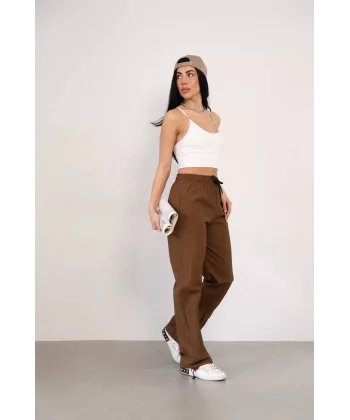 Praşut Kumaş Paça Cepli Baggy Eşofman - Kahve