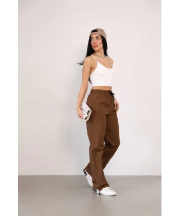 Praşut Kumaş Paça Cepli Baggy Eşofman  Kahve