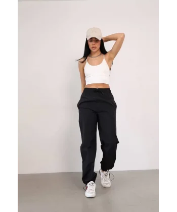 Paraşut Kumaş Paça Cepli Baggy Eşofman - Siyah