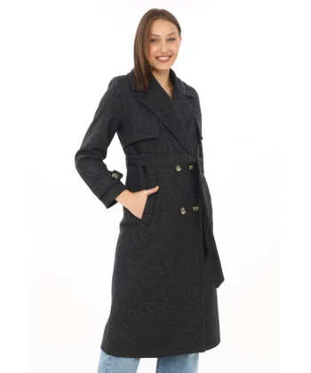 Premium Kaşe Kaban Uzun Boy, Balık Sırtı Yünlü Kaşmir Dokuma, Kruvaze Kuşaklı Astarlı - Siyah