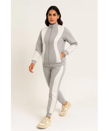 Premium Parçalı Eşofman Takım - Dik Yaka Fermuarlı Sweatshirt - Gri