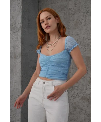 Puantiyeli Belden Oturtmalı Tül avi Bluz