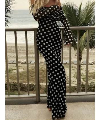 Puantiyeli Tül İçi Astarlı Madonna Yaka Maxi Boy Elbise