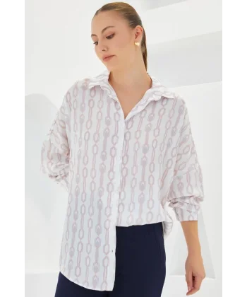 Pudra Beyaz Desenli Oversize Saten Gömlek 3985