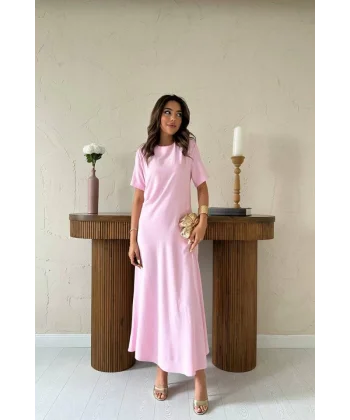 Pudra Pileli Bisiklet Yaka Elbise