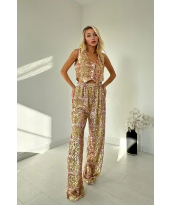 Pudra Pullu Yelek Ve Pantolon Takım