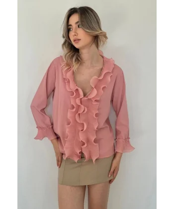 Pudra Yakası Volanlı Gömlek