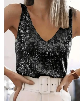 Pul Payetli Sıfır Kol Bluz -Siyah